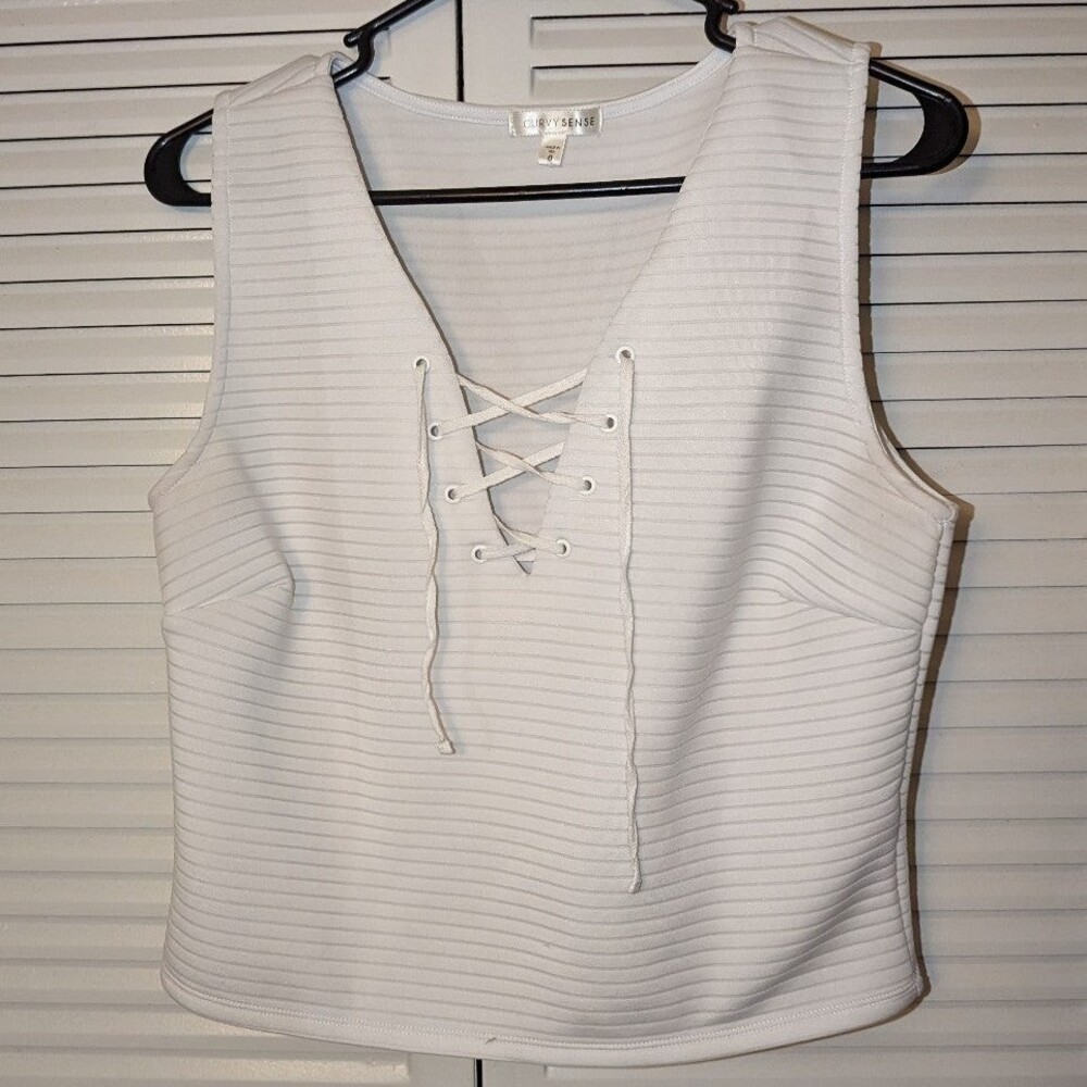 Curvy‎ Sense Y2K Club Streetwear 0x White Ribbed Lace Up Crop Top Retro Inspired